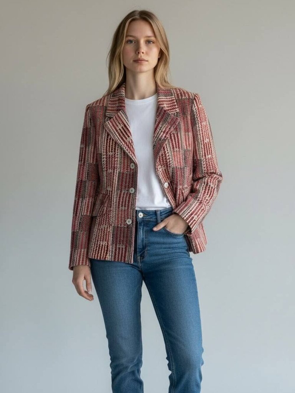 Cabi Patchwork Nautical Blazer Tweed Plaid Size L Style 6028